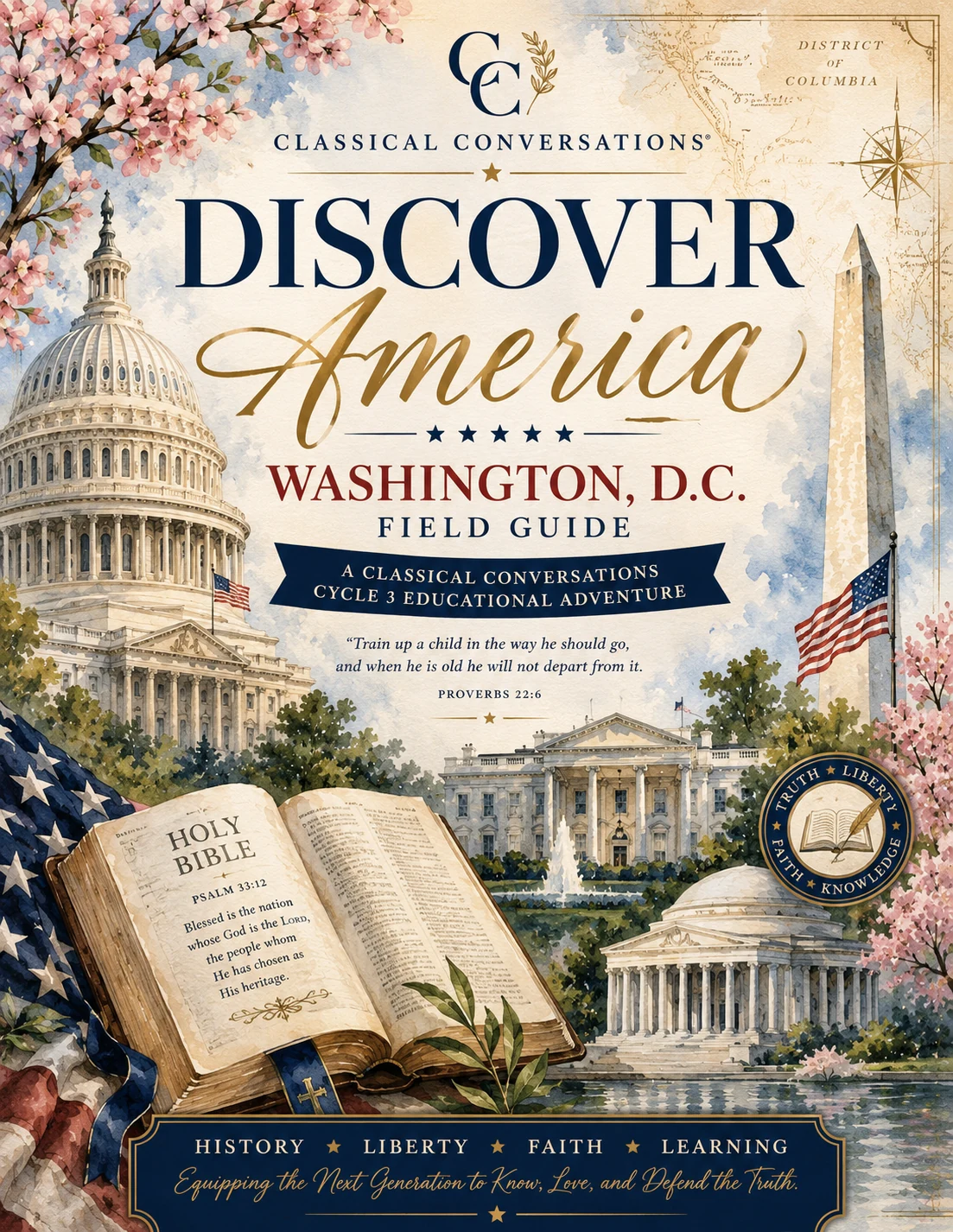 Watercolor Discover America field guide with Washington landmarks, cherry blossoms, a Bible and the American flag