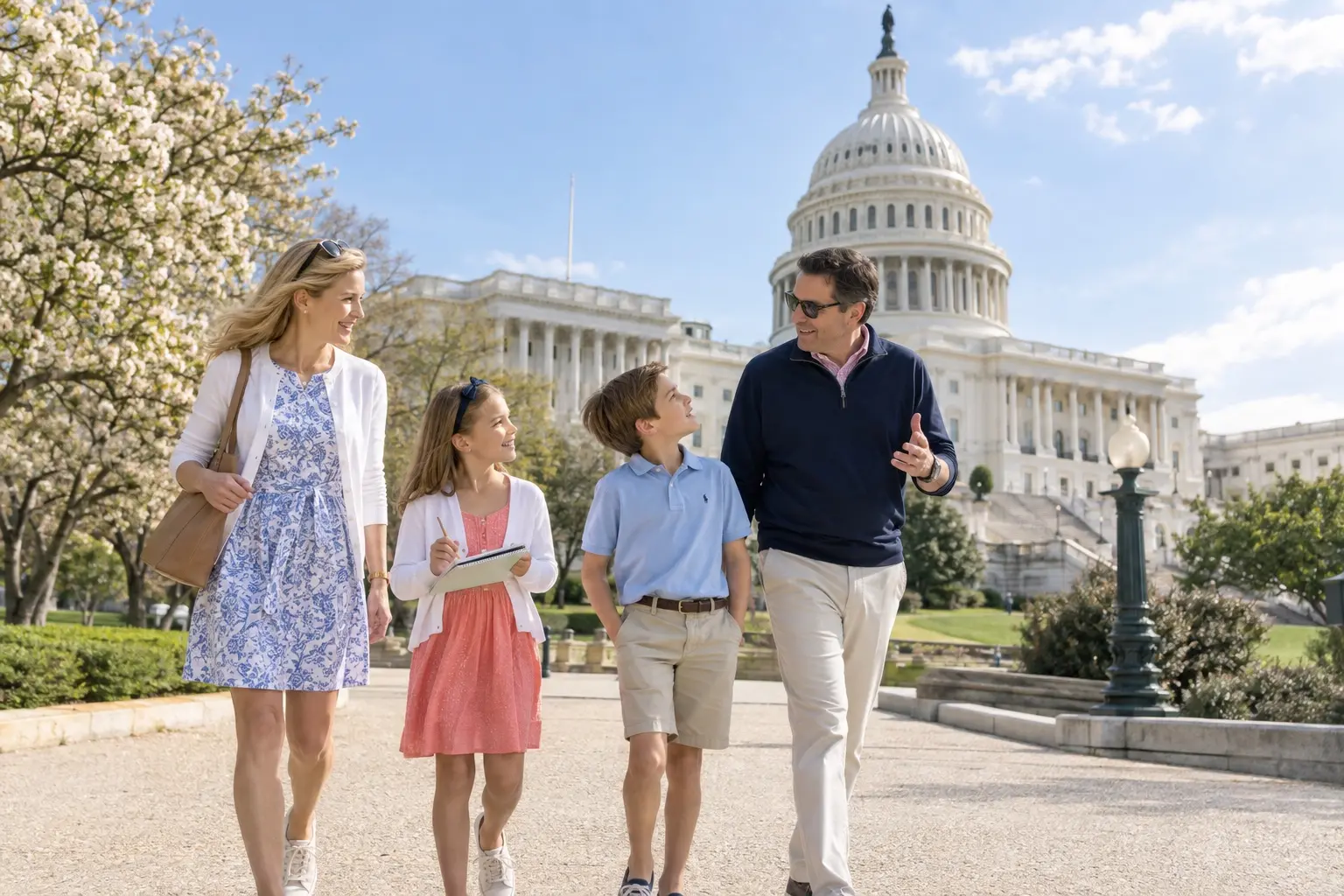 A family learning together outside the United States Capitol