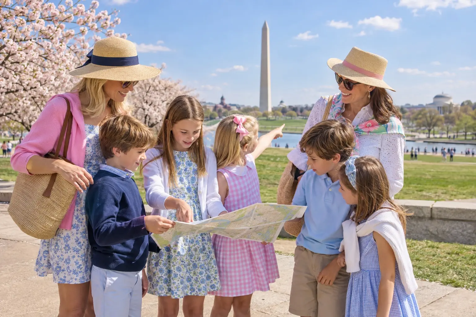 Homeschool families exploring a map together near the Washington Monument and Reflecting Pool