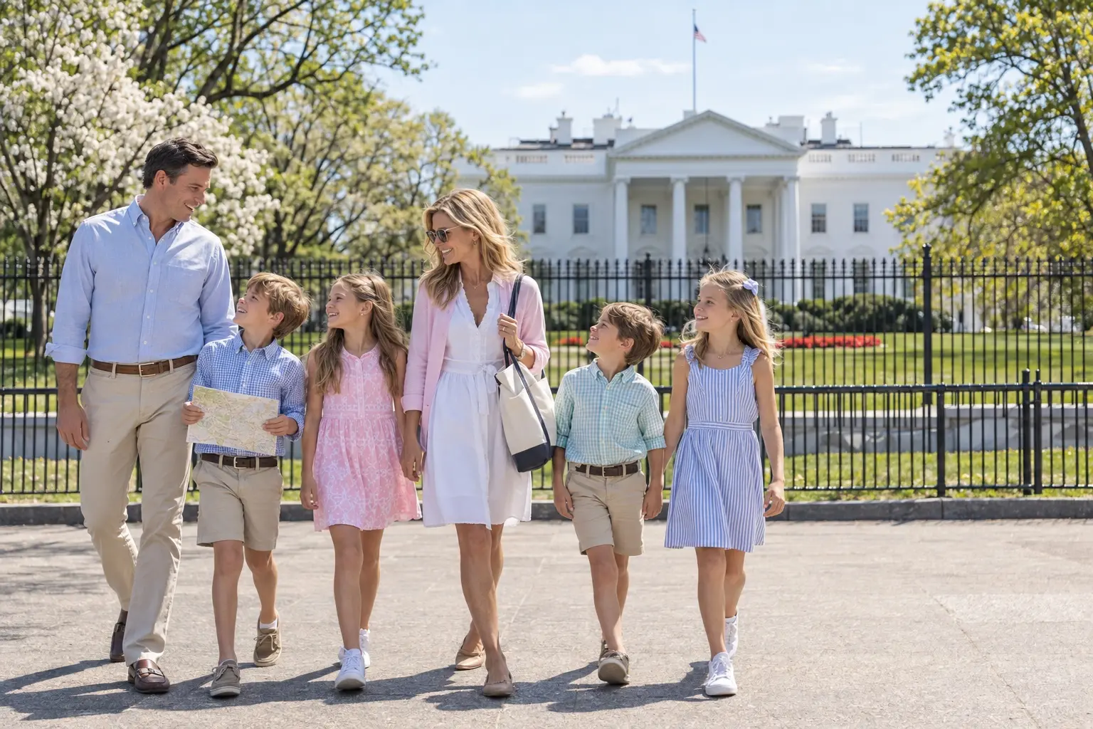 A family walking together in front of the White House